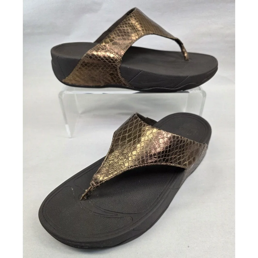 Fitflop Lulu (Sz 7) Women's Bronze Shimmer Brown Flip Flop Thong Sandals
